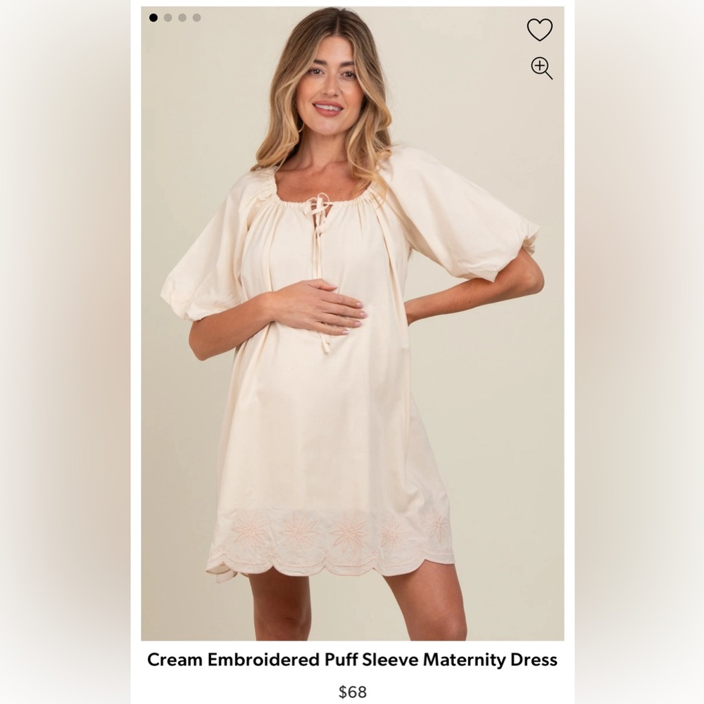 PinkBlush Maternity Cream Embroidered Puff Sleeve Maternity Dress size S NWT